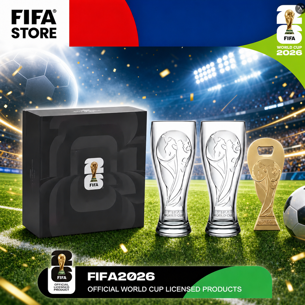 Copa Mundial 2026™ Set de Vasos de Cristal con Destapador Dorado – Caja de Regalo para Coleccionistas