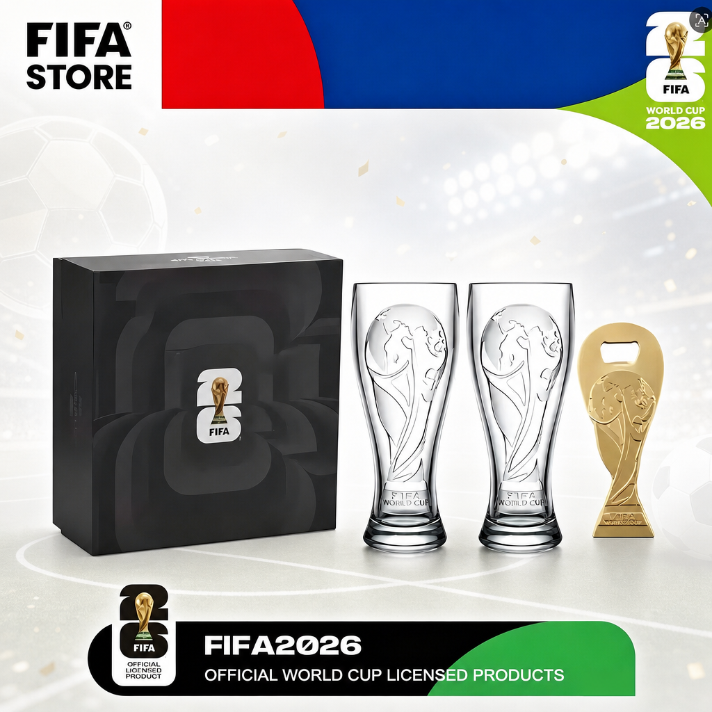 Copa Mundial 2026™ Set de Vasos de Cristal con Destapador Dorado – Caja de Regalo para Coleccionistas